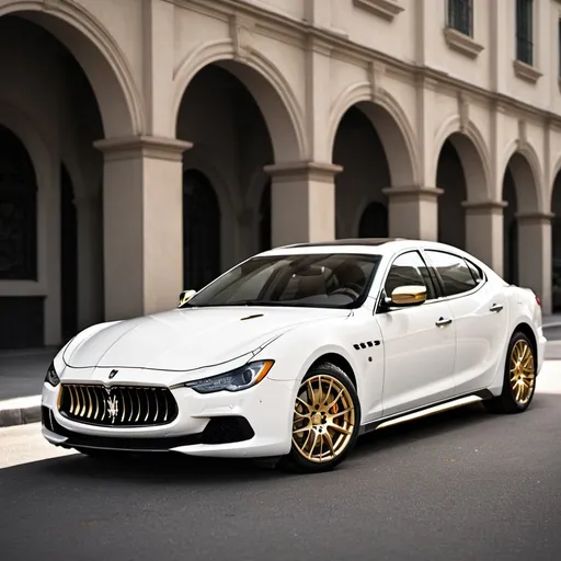 Prompt: Cool, White Maserati Ghibli with gold rims, 4k wallpaper for PC