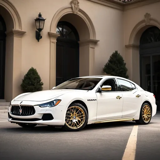 Prompt: White Maserati Ghibli with gold rims, 4k wallpaper 