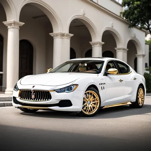 Prompt: Cool, White Maserati Ghibli with gold rims, 4k wallpaper for PC