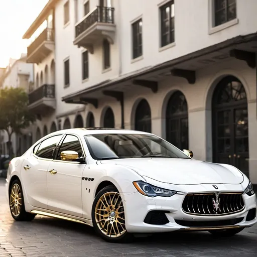 Prompt: White Maserati Ghibli with gold rims, 4k wallpaper 