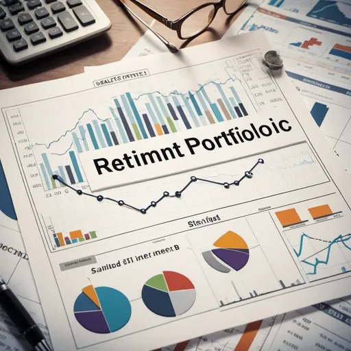 Prompt: "A balanced retirement portfolio showing a variety of assets such as stocks, bonds, real estate, and commodities, interconnected by lines and nodes to represent diversification, set against a background of financial charts and data."
