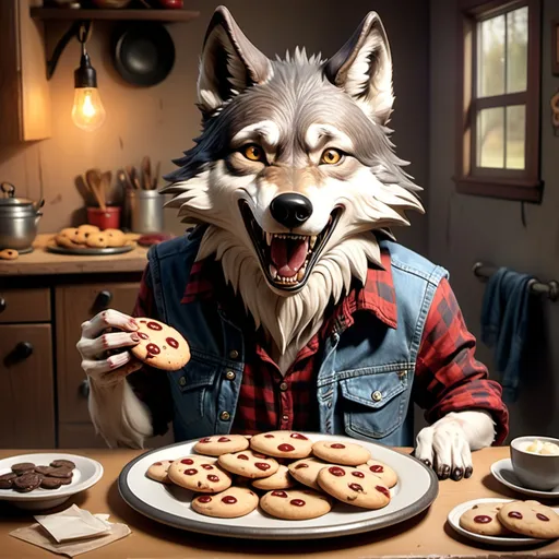 Prompt: hyper-realistic antheopomorphic wolf dress in flannel shirt and tattered jeans happily Munchies on a cookie he stole from Red Riding Hood, fantasy character art, illustration, dnd, warm tone