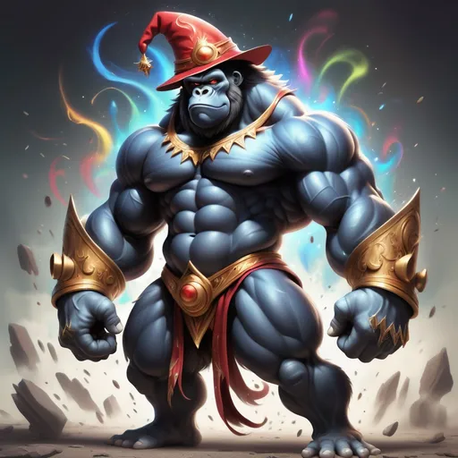 Prompt: An extremely bodybuilder like gorilla wearing a wizard hat, Picasso style,