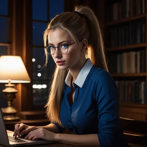 Prompt: Wooden library at dark night, beautiful windows, one buffet light on, in bottom right corner of the image, there is a beautiful, intelligent, dirty blonde haired woman (ponytail, glasses) with blue eyes, thick lips, long face and elegant clothes, studying and looking at laptop. Very dark night lighting. Large windows.