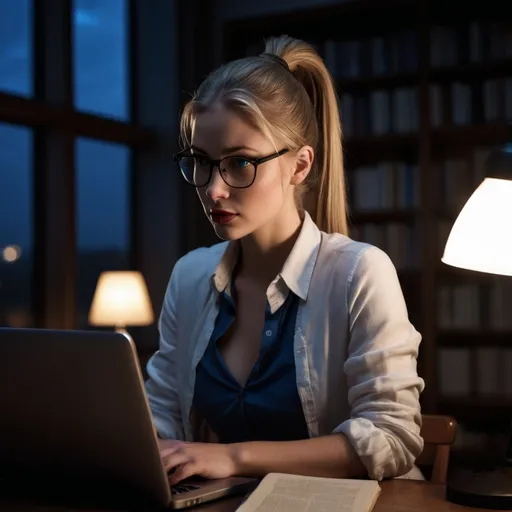 Prompt: Wooden library at dark night, one buffet ligh on, in the corner (in dark lighting) a beautiful, intelligent, dirty blonde haired woman (ponytail, glasses) with blue eyes, thick lips, long face and elegant clothes, studying and looking at laptop. She occupies only the corner of the image. Very dark night lighting. Large windows.