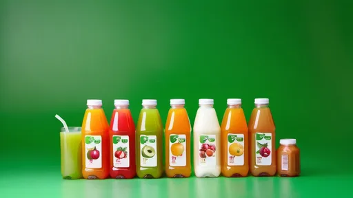 Prompt: Various sizes and types of unbranded fruit juice bottles are mixed with various sizes and types of unbranded water bottles and various types of juice cans, as well as various types of juice cartons and several unbranded milk cartons. This photo is taken at eye level with a green screen backdrop for green screen filming.