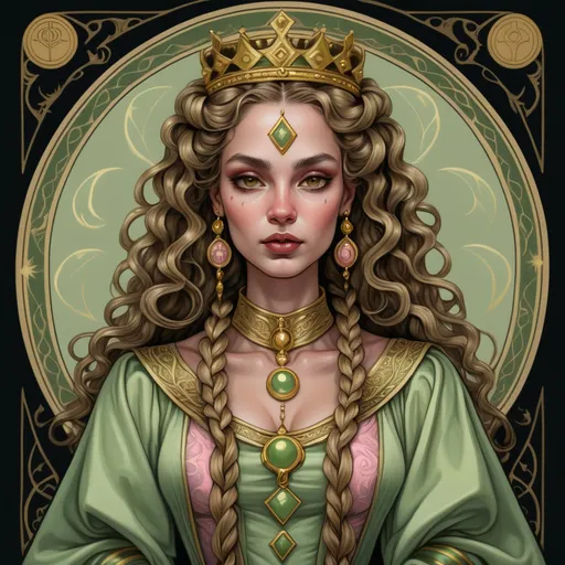 Prompt: tarot card illustration, a medieval Queen, detailed ornament pastel green and gold robe, dramatic dark lighting. She has long golden curls with braids and brown eyes. Cute round face with sharp dark eyes and soft pink lips. No makeup. Black and gold background.