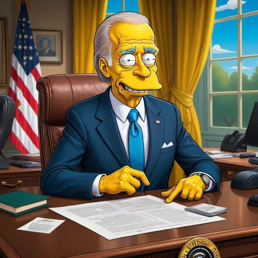 Prompt: Cartoon fusion of President Biden and The Simpsons' Mr. Burns, presidential office background, satirical caricature, humorous representation, detailed facial features, vibrant colors, high-quality cartoon illustration, political satire, comic style, exaggerated features, comical expression, colorful and well-defined, satirical commentary, professional cartoon art, office setting, humorous lighting