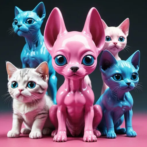 Prompt: a pink alien with blue massive dogs and cute kittens