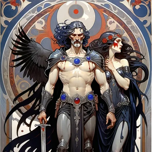 Prompt: Alphonse Mucha Style, art nouveau illustration of a full body older vampiric warrior lord raven as God man and crowlike bodyarmor with tears of blood with dark blue lapis eyes wide open full of tears, gray black hair , silver black beard, big chest, dressed in black feathers armor, with Sword in hands, with young warrior redhead woman aside, she is in love with him, thick lines, intricate details, beautiful colors