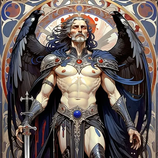 Prompt: Alphonse Mucha Style, art nouveau illustration of a full body older vampiric warrior lord raven as God man and crowlike bodyarmor with tears of blood with dark blue lapis eyes wide open full of tears, silver beats, big chest, dressed in black feathers armor, with Sword in hands, thick lines, intricate details, beautiful colors