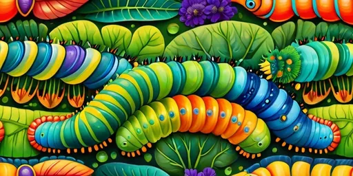 Prompt: 10 vibrant caterpillars in a lush garden, detailed textures, high quality, surreal, vibrant colors, whimsical, playful, detailed eyes, nature-inspired, intricate patterns, professional, bright and lively atmosphere