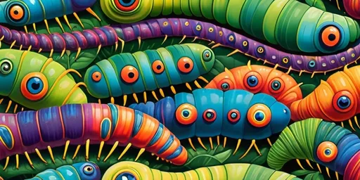 Prompt: 10 vibrant caterpillars in a lush garden, detailed textures, high quality, surreal, vibrant colors, whimsical, playful, detailed eyes, nature-inspired, intricate patterns, professional, bright and lively atmosphere