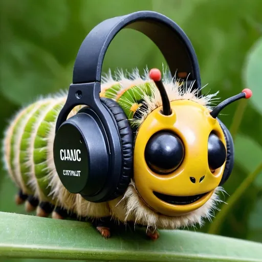 Prompt: A caterpillar with headphones on it’s head 