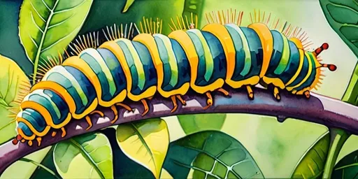 Prompt: caterpillar, vibrant painting, detailed segments, lush greenery, high quality, vibrant, watercolor, detailed, colorful, lush, botanical, natural lighting