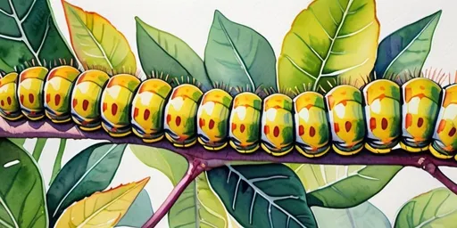 Prompt: caterpillar, vibrant watercolor painting, detailed segments, lush greenery, high quality, vibrant, watercolor, detailed, colorful, lush, botanical, natural lighting