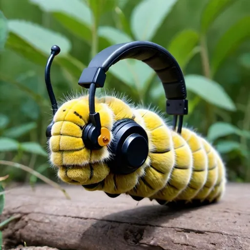 Prompt: A caterpillar with headphones on it’s head 