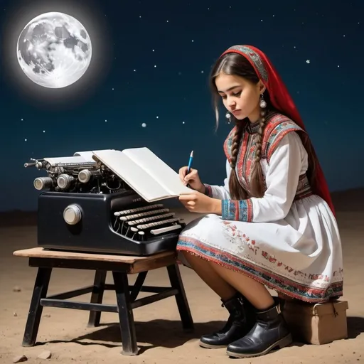 Prompt: uzbek girl in traditional dress with space boots on. writing in a notebook with a classic typewriter and with the moon and shooting star behind her
