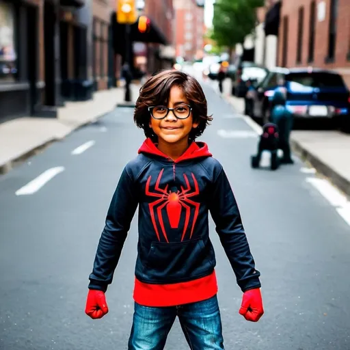 Prompt: Make this boy a real spiderman miles morales