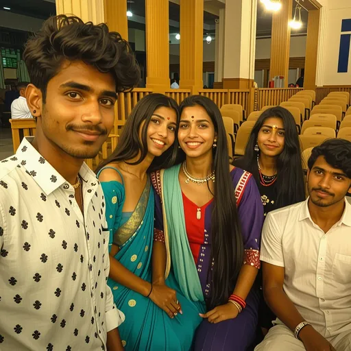 Prompt: A vibrant indoor scene captures a moment filled with warmth and camaraderie, featuring five young people gathered together, smiling comfortably for a selfie. The foreground includes a young man with dark hair in a white patterned shirt, confidently taking the photo, while behind him are four friends posed in seated positions: a girl in a bright turquoise sari showcasing subtle jewelry, another in a red top with delicate embroidery, a lady dressed in a purple outfit adorned with intricate designs, and a serious-looking young man in a simple white shirt. The background reveals the warm tones of a large hall accented by wooden columns and stacks of chairs, suggesting a communal space filled with light. Soft, ambient lighting enhances the friendly atmosphere, creating a cheerful and inviting narrative that reflects friendship and shared experiences.