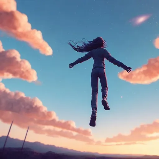 Prompt: A flying person from the back rising from the ground in the direction of the sky. Upbeat vibe with gracious lines and a feeling of hope and self-care