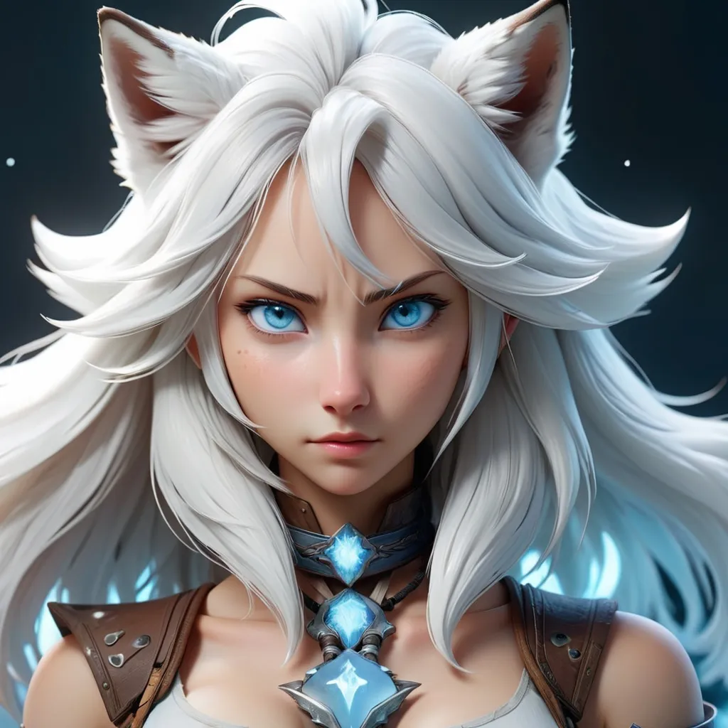 Prompt: final fantasy art style, spirit animal, fox, head only, light ice blue eyes, white hair, HD 8k UHD, gamer, logo, light blue glow