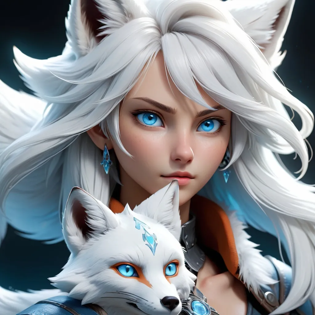 Prompt: final fantasy art style, spirit animal, fox, head only, light ice blue eyes, white hair, HD 8k UHD, gamer logo, light blue glow