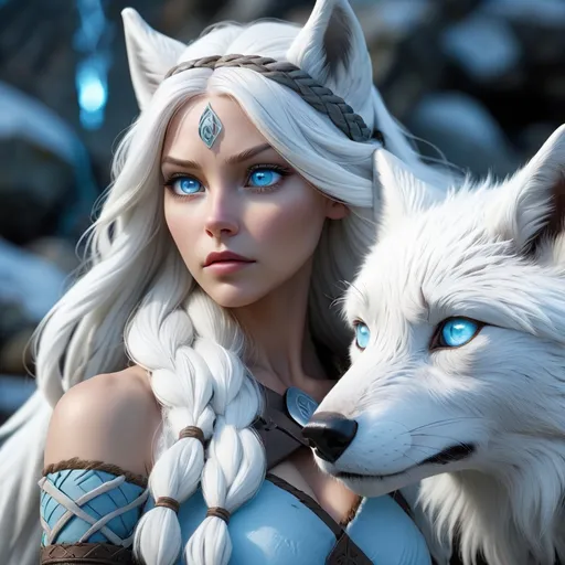 Prompt: full body, Vikings,
 Kathryne Winnick, white fox spirit animal,  light ice blue eyes, white hair, HD 8k UHD,  light blue glow aura around character, 
