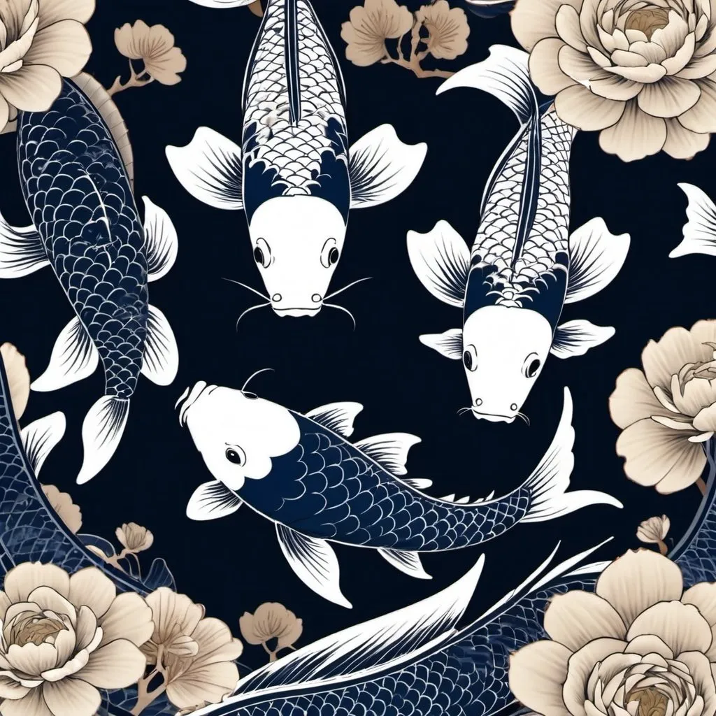 Prompt: Japanese koi fish and dragon fine lines dark blue and beige illustration 

