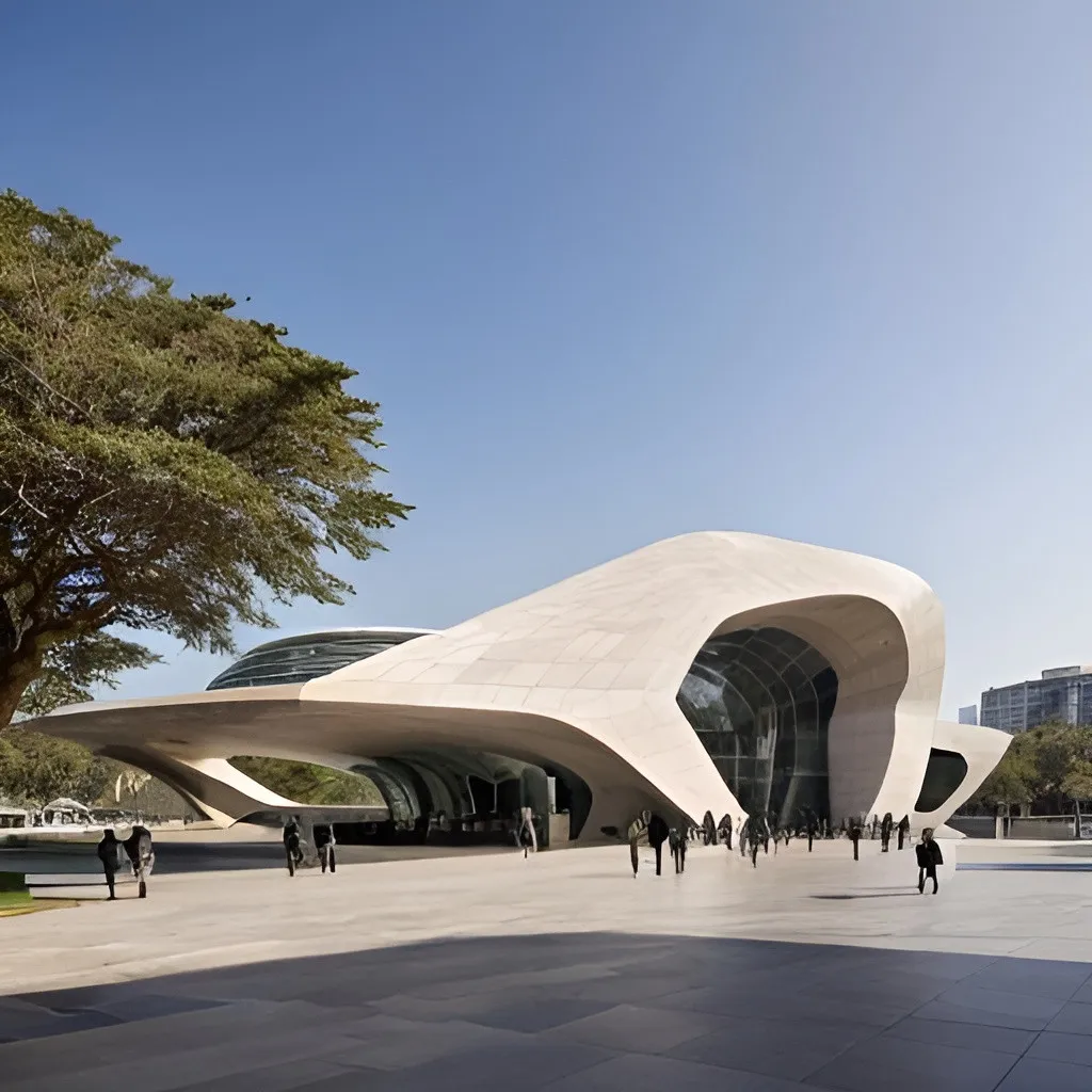 Prompt: A museum about all kinds of stone-shaped animals that people are seeing, its architecture is ultra-modern and Zaha Hadid, the roof of the museum is stone-shaped and represents a giraffe.