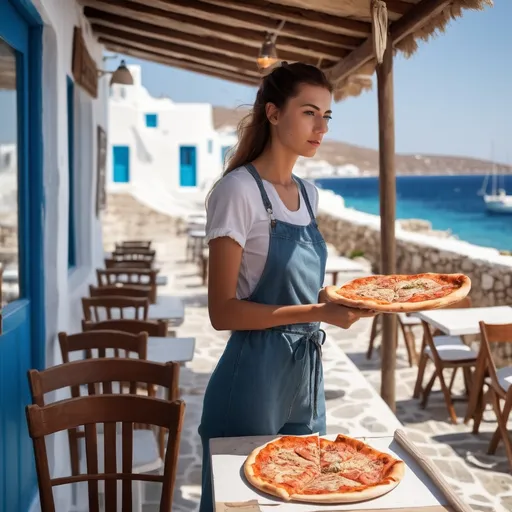 Prompt: Tall young woman managing a pizza restarant by the sea side in Mykonos , detailed clothing, realistic, natural lighting