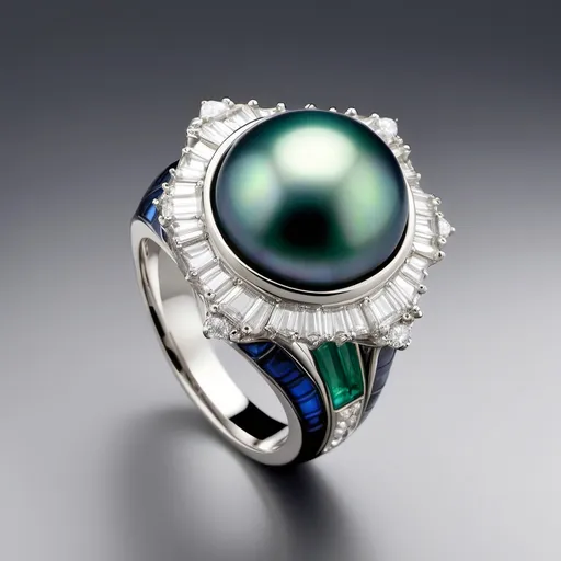 Prompt: Create a ring featuring a 1 peacock-blue  pearl in the middle surrounded at different angles by 3 spinels square emerald cut: dark gray, dark blue and dark green. The ring is made of white gold, with an exotic design style with geometric notes. Diamonds can also be added to enhance the overall look.