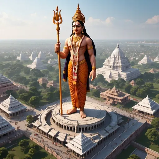 Prompt: Modern ayodhya, if it would be shown as the most prestigious and holiest city with all the preserved most advanced historical indian traditional architecture like wakanda in marvel comics, highly detailed, hyper realism, birds eye view, city of lord rama, most important  place in hindu mytholgy, epicenter of hindu mythology, larger than life, filled with temples, one giant stature of lord rama in the middle of the city --ar 16:9 --stylize 750 --v 6