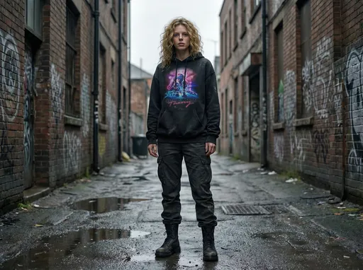 Prompt: @qOfC6T18jq6Iw77lvCIe  standing in a urban alleyway, wearing the Muse Simulation Theory hoodie from reference 1, its 6 years old, faded black, logo colours slightly muted and worn, she is also wearing dark charcoal cargo trousers, heavy black combat boots, harsh overcast lighting, cinematic grain, structural realism, high-fidelity skin textures.