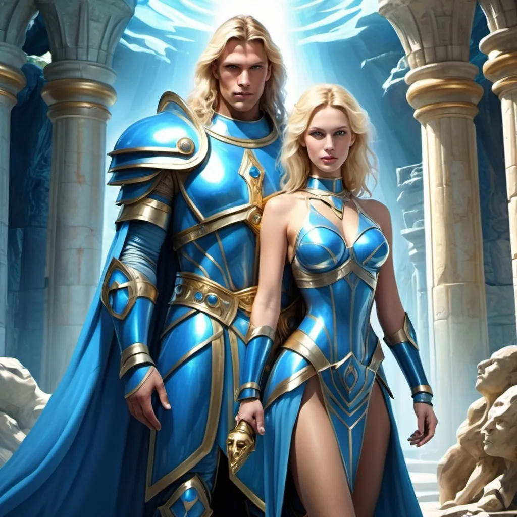 Prompt: Atlantis Temple blue Krystal Couple man with woman blonde Hand in hand He is Paladin with armor 
she ist Priestess with no armor realistic image