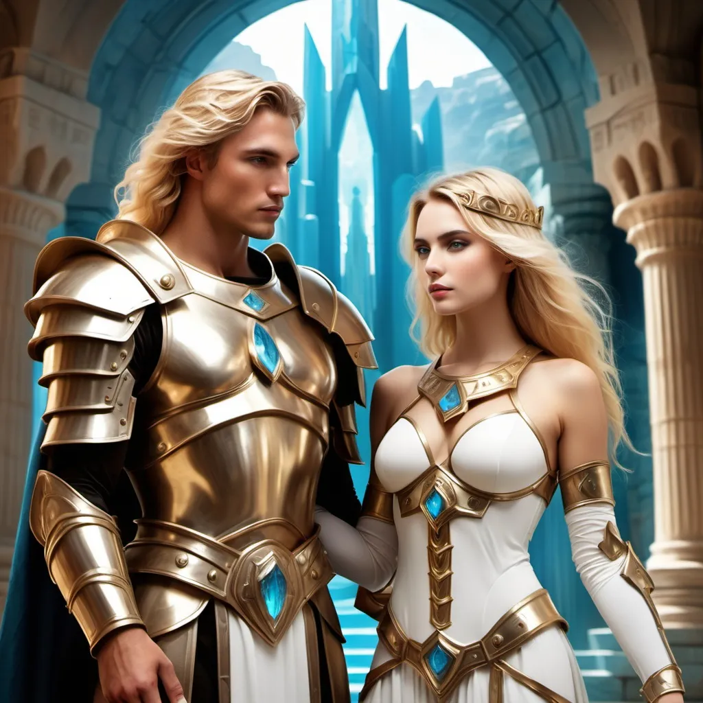 Prompt: Atlantis Temple Krystal Couple man with woman blonde Hand in hand He is Paladin with armor she ist Priestess she with no armor realistic image