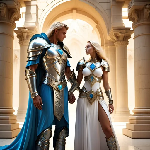 Prompt: Atlantis Temple
couple man with woman blonde Hand in hand 
He is Paladin with armor 
she ist Priestess with no armor with blue krystal on her heart chakra realistic image