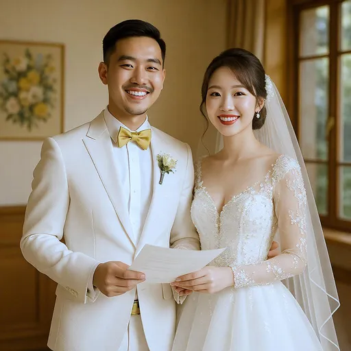 Prompt: In a bright and intimate indoor setting, a couple stands together, exuding joy and pride, likely on their wedding day. The man is dressed in a stylish white suit complemented by a gold bow tie, while holding a document in his hand, suggesting a ceremonial occasion. Beside him, the woman radiates grace in a stunning white gown adorned with delicate sequins and embellishments, complete with a flowing veil and floral accents in her hair. The backdrop features muted colors and wooden elements, enhancing the warm atmosphere of celebration, while natural light filters in through the nearby windows, illuminating their smiles and the significance of the moment.