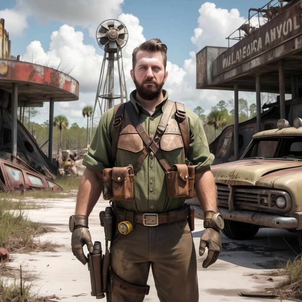 Prompt: Fallout inspired Florida Man in a post-apocalyptic disney environment
