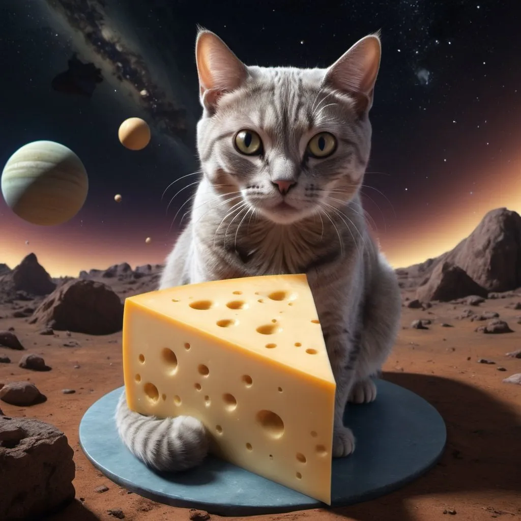 Prompt: cat wondering in a cheese planet in 3d