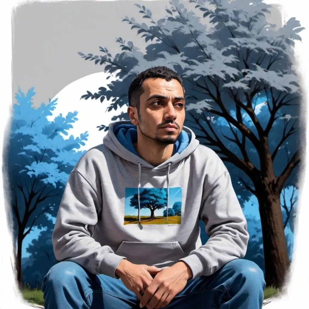 Prompt: a man in a gray sweatshirt looking off into the distance with a tree in the background and a blue chair in the background, Chafik Charobim, lyco art, denoised, a picture