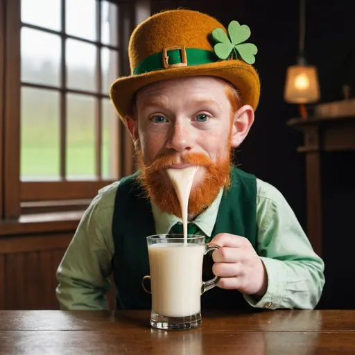 Prompt: Benjamin Rye Sæter. Ginger leprechaun drinking milk