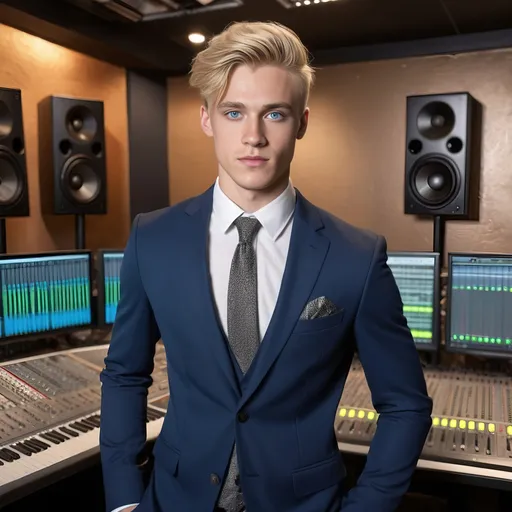 Prompt: Young man early twenties, athletic build, well groomed, blonde hair, blue eyes,  dressed in suit, detailed clothing, detailed background, realistic, natural lighting at a music studio control room