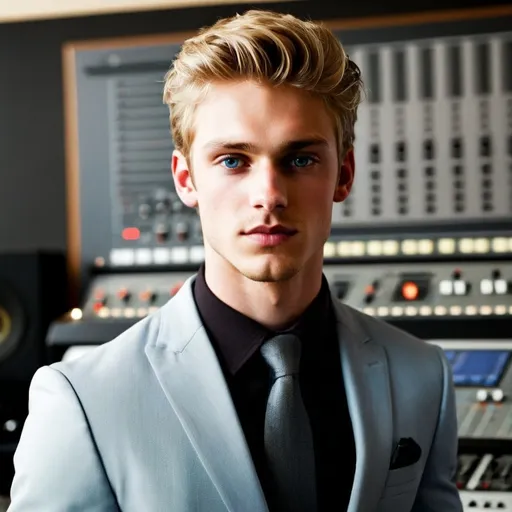 Prompt: Young man early twenties, athletic build, well groomed, blonde hair, blue eyes,  dressed in suit, detailed clothing, detailed background, realistic, natural lighting at a music studio control room