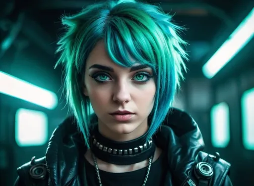 Prompt: Artistic photo Beautiful young women  with green eyes and blue hair dressed in cyberpunk style, Wide shot.