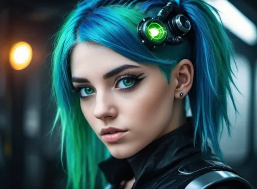 Prompt: Artistic photo Beautiful young women  with green eyes and blue hair dressed in cyberpunk style, Wide shot.