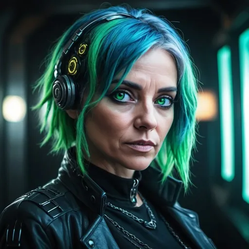 Prompt: Artistic photo of a beautiful middle-aged woman with green eyes and blue hair dressed in cyberpunk style