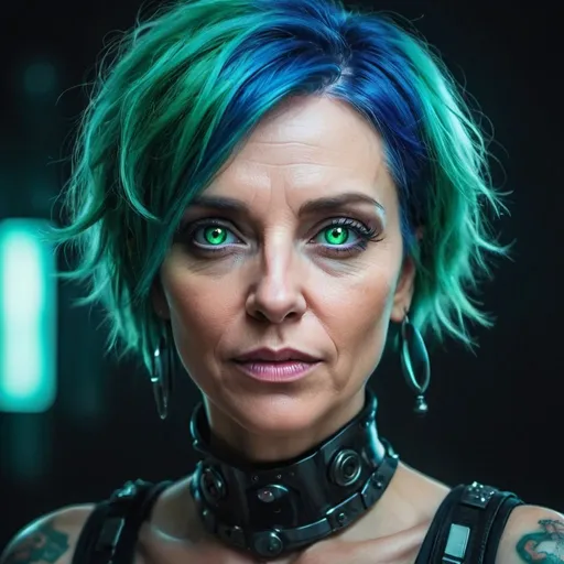 Prompt: Artistic photo of a beautiful middle-aged woman with green eyes and blue hair dressed in cyberpunk style