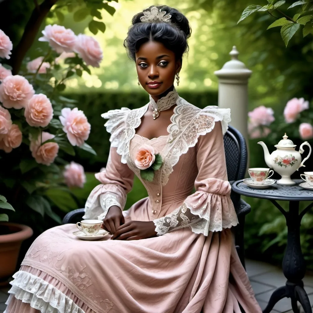 Prompt: woman wearing a tea-gown, year 1905. Garden patio. Lace. frills. realistic. 
Dark skinned noble,