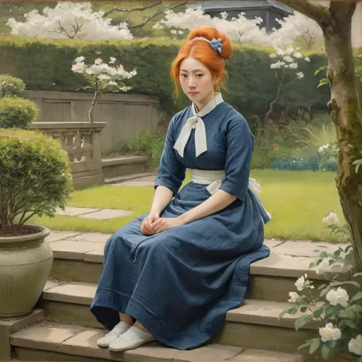 Prompt: Victorian painting of a  mixed Japanese and Scottish woman sitting on stairs, in a garden. She is wearing a blue linen dress with a white bow and her orange hair in a chignon. Apparent brush strokes. We can see a small apple tree in bloom.
